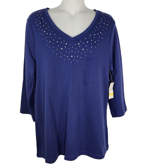 Studio Works Top Medium Blue V Neck Embellishments Beaded Stars 3/4 Sleeve NWT - Picture 1 of 11